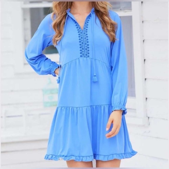 Cabana Life Dresses & Skirts - Cabana Life Periwinkle Blue Tiered Ruffle Dress Embroidered UPF 50+ M Coastal